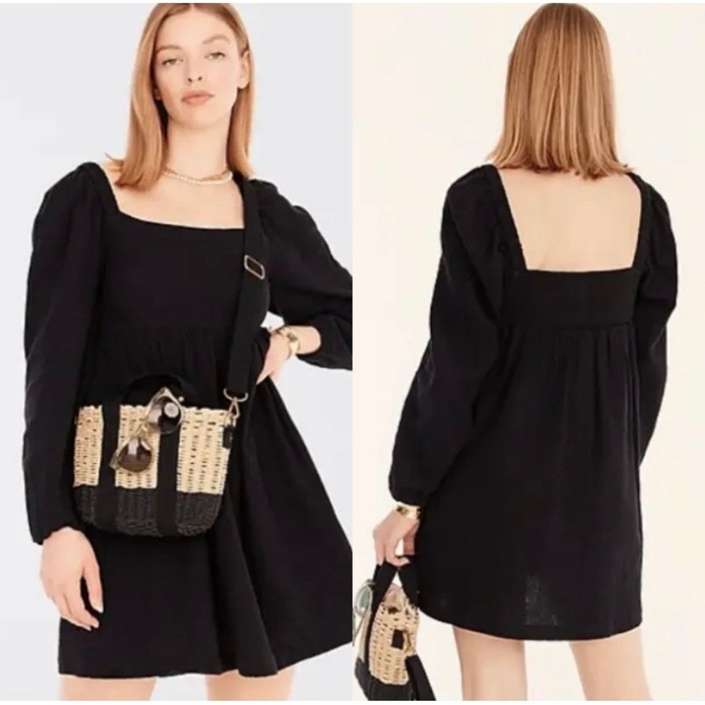 J.Crew Gauze Puff Sleeve Cotton‎ Mini Dress Square Neck Smocked Back Black XLT